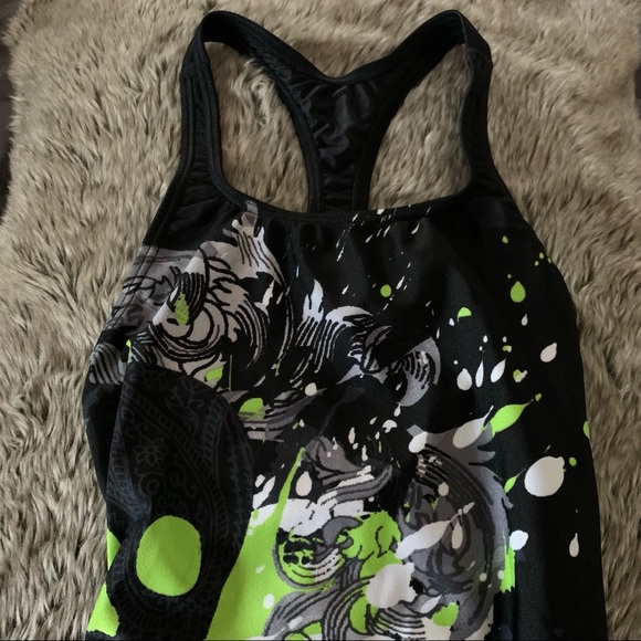Speedo Black & Green Graffiti Swimsuit Sz 6 - Picture 3 of 8